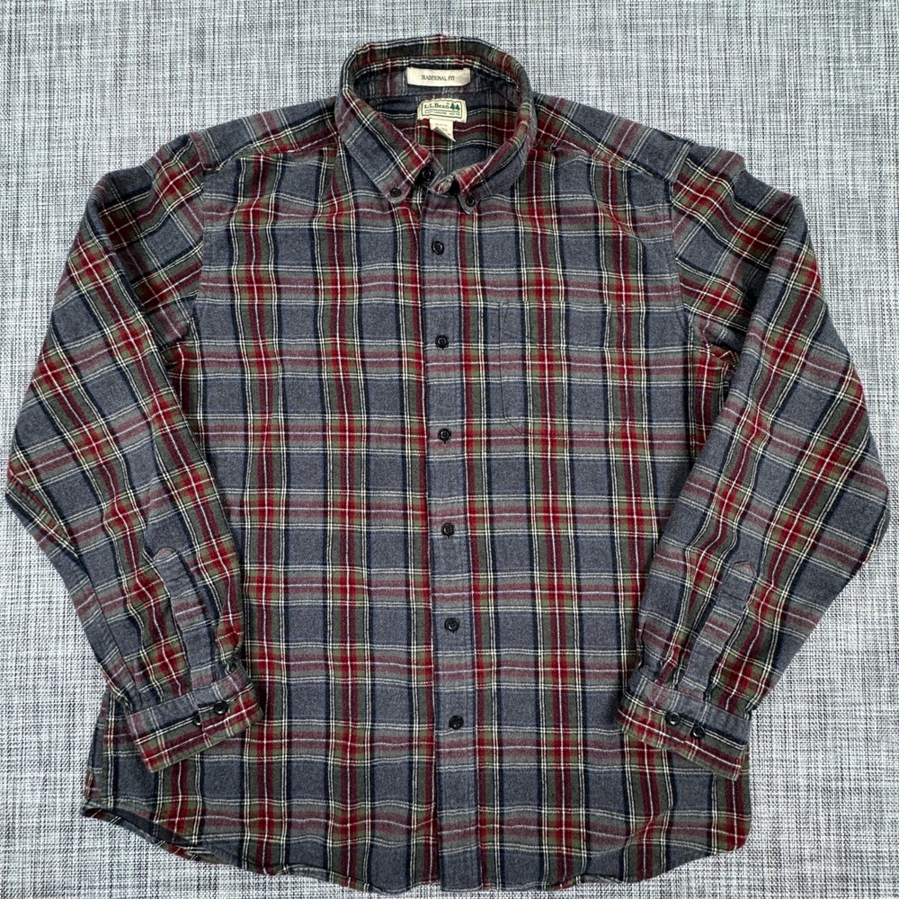LL Bean Mens Large Traditional Fit Cotton Flannel Shirt Gray Red Plaid Button Up